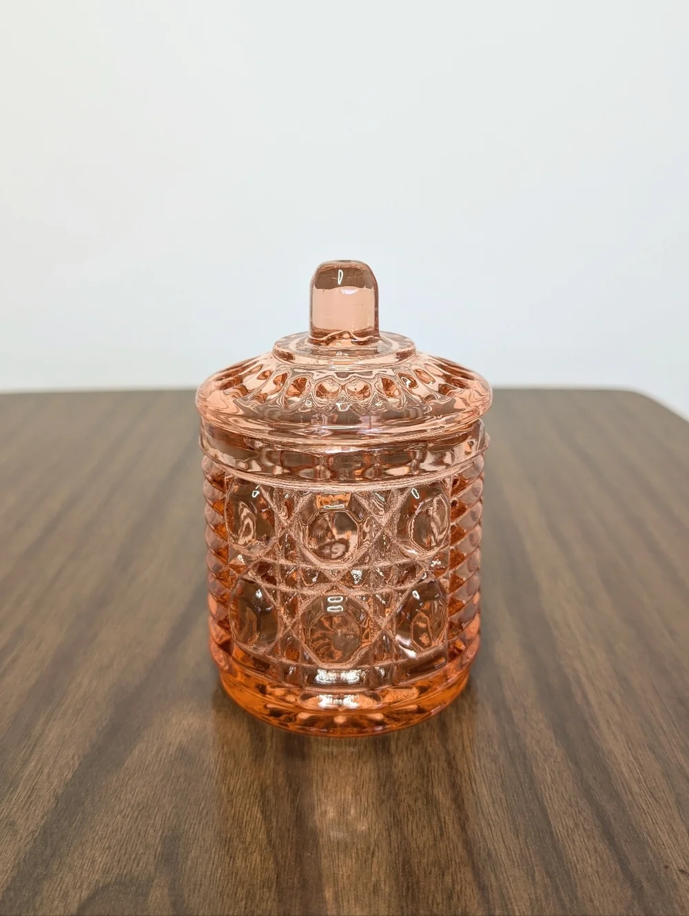 Vintage Windsor Pattern By Indiana Peachy Rose Pink Glass Honey Jam Jar With Lid